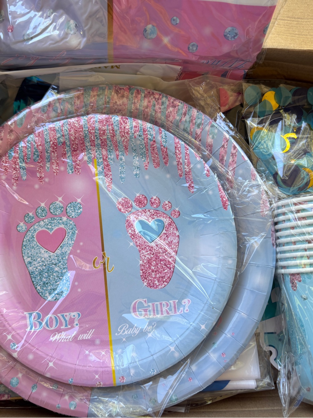 Gender Reveal Party Pack - Pink & Blue Baby Footprint Design, 75+ pcs